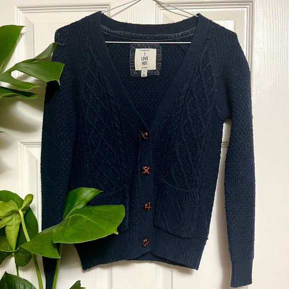 I LOVE H81 Navy Blue Knit Button Up Cardigan Size SM - Picture 2 of 3